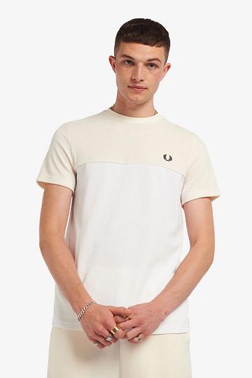 White Fred Perry Towelling Panel Piqué Men's T Shirts | PH 1792XYUF